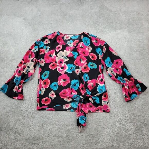 Juicy‎ Couture Tunic Top Womens Medium Floral Tie Front Bell Sleeves Stretch - Picture 1 of 9